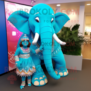 Turquoise Mammoth mascot costume character dressed with a Pencil Skirt and Anklets