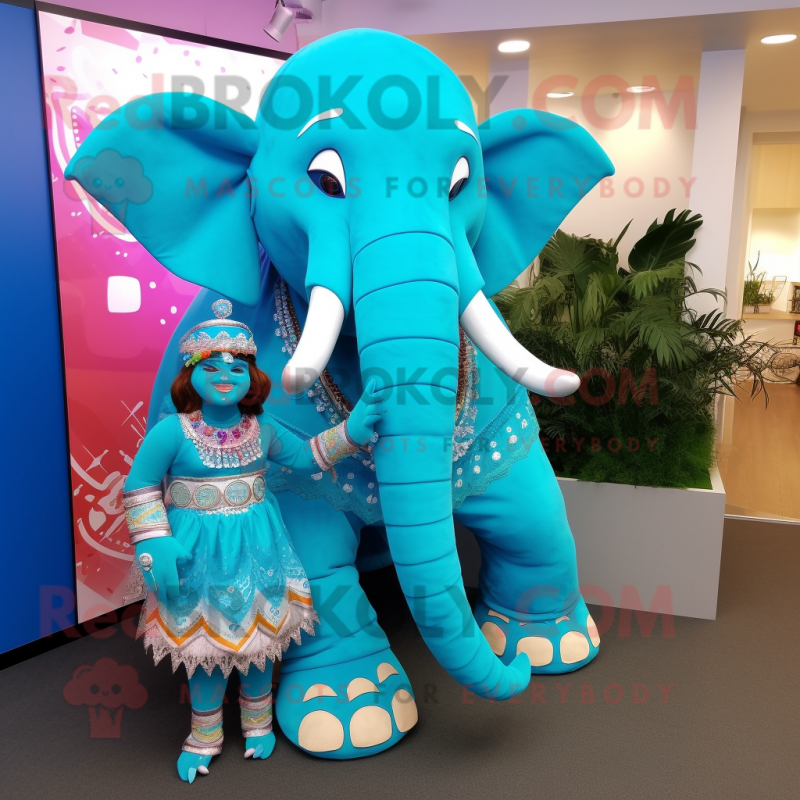 Turquoise Mammoth mascot costume character dressed with a Pencil Skirt and Anklets