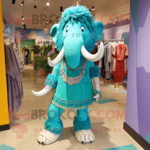 Turquoise Mammoth mascot costume character dressed with a Pencil Skirt and Anklets