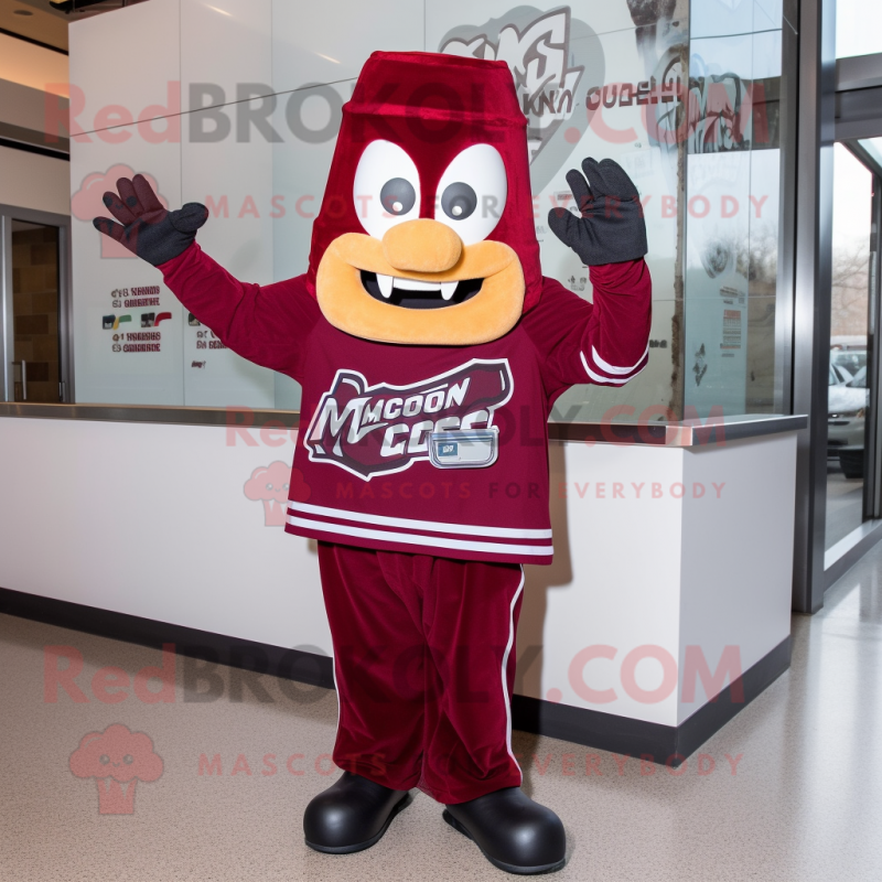 Maroon Nachos mascot costume character dressed with a Sheath Dress and Mittens Maroon Nachos mascot costume character dressed with a Sheath Dress and Mittens