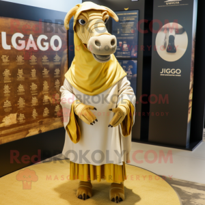 Gold Quagga mascot costume character dressed with a Romper and Shawl pins