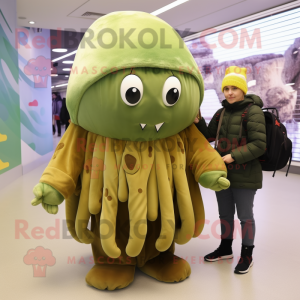 Olive Jellyfish mascot costume character dressed with a Parka and Handbags