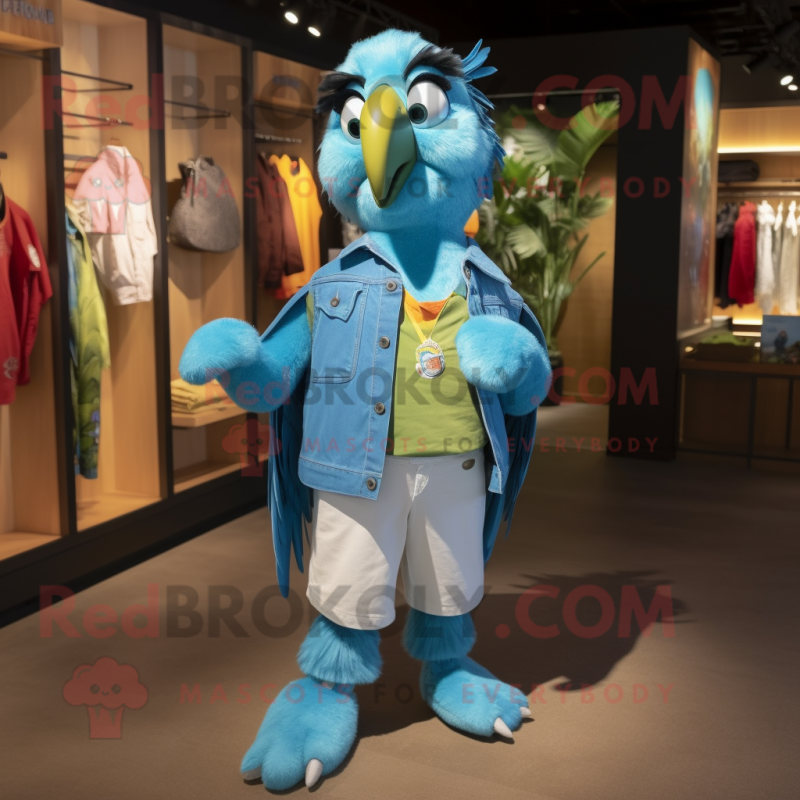 Turquoise Parrot mascot costume character dressed with a Boyfriend Jeans and Suspenders