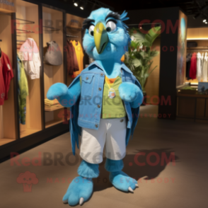 Turquoise Parrot mascot costume character dressed with a Boyfriend Jeans and Suspenders