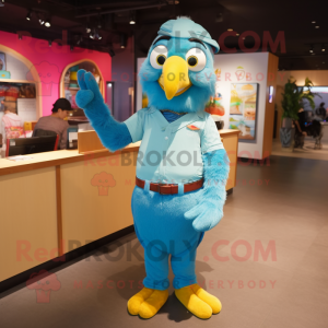 Turquoise Parrot mascot costume character dressed with a Boyfriend Jeans and Suspenders