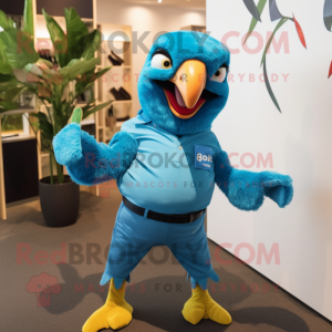 Turquoise Parrot mascot costume character dressed with a Boyfriend Jeans and Suspenders