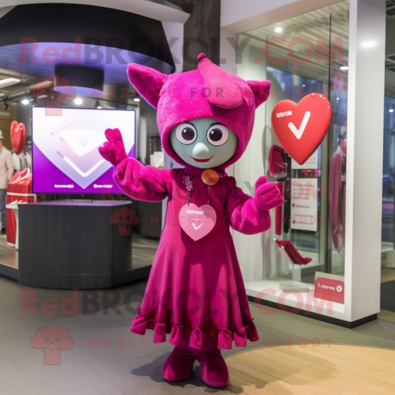 Magenta Arrow Of Love mascot costume character dressed with a Mini Dress and Scarves Magenta Arrow Of Love mascot costume character dressed with a Mini Dress and Scarves