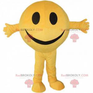Żółta buźka maskotka, okrągły i uśmiechnięty kostium bałwana -