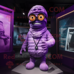 Purple Mummy mascot costume character dressed with a Bomber Jacket and Eyeglasses