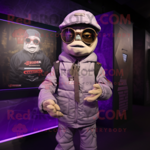 Purple Mummy mascot costume character dressed with a Bomber Jacket and Eyeglasses