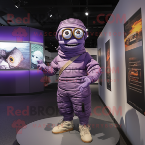 Purple Mummy mascot costume character dressed with a Bomber Jacket and Eyeglasses