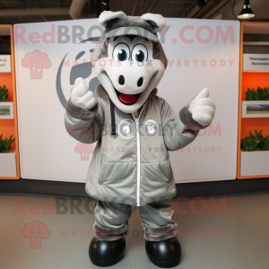 Gray Horseshoe mascot costume character dressed with a Parka and Rings