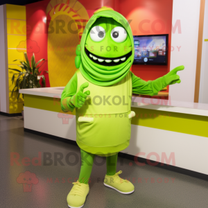 Lime Green Fajitas mascot costume character dressed with a Hoodie and Shoe laces