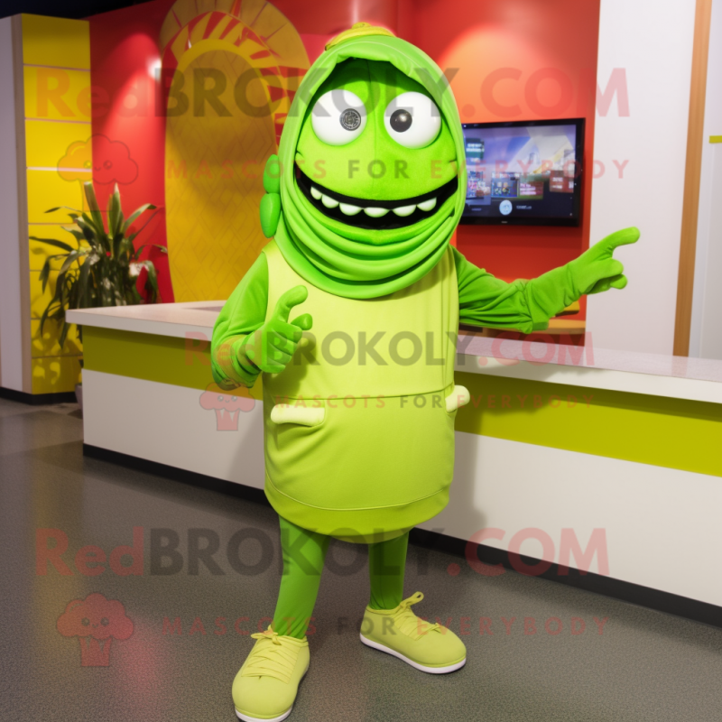 Lime Green Fajitas mascot costume character dressed with a Hoodie and Shoe laces Lime Green Fajitas mascot costume character dressed with a Hoodie and Shoe laces