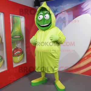 Lime Green Fajitas mascot costume character dressed with a Hoodie and Shoe laces