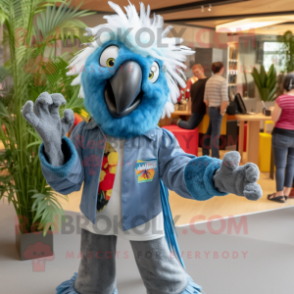 Silver Macaw mascot costume character dressed with a Boyfriend Jeans and Headbands