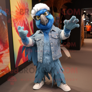 Silver Macaw mascot costume character dressed with a Boyfriend Jeans and Headbands