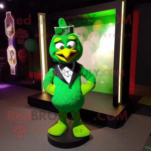 Lime Green Chicken mascot costume character dressed with a Tuxedo and Bow ties
