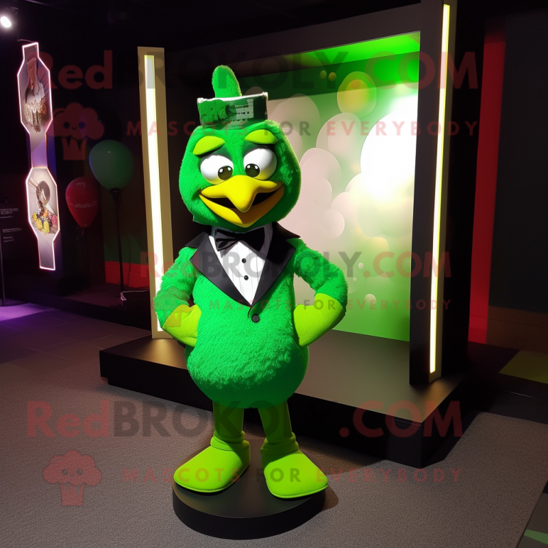 Lime Green Chicken mascot costume character dressed with a Tuxedo and Bow ties Lime Green Chicken mascot costume character dressed with a Tuxedo and Bow ties