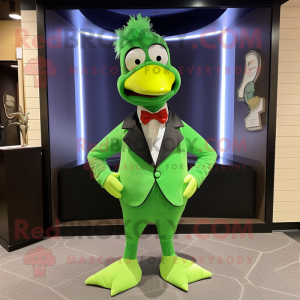 Lime Green Chicken mascot costume character dressed with a Tuxedo and Bow ties