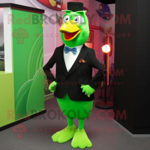 Lime Green Chicken mascot costume character dressed with a Tuxedo and Bow ties