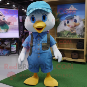 Blue Gosling mascot costume character dressed with a Cargo Shorts and Beanies