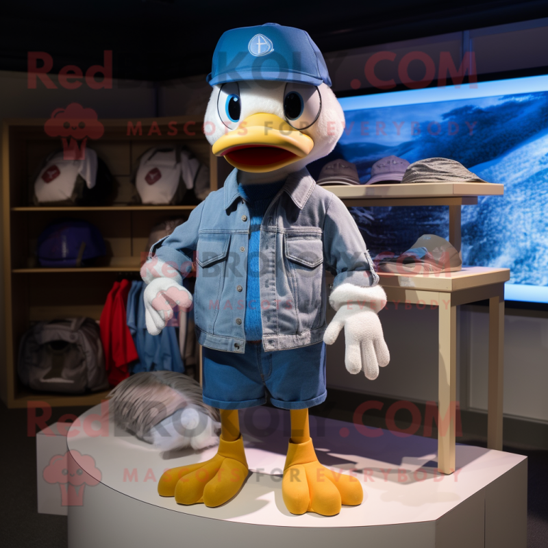 Blue Gosling mascot costume character dressed with a Cargo Shorts and Beanies Blue Gosling mascot costume character dressed with a Cargo Shorts and Beanies