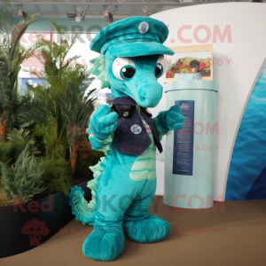 Teal Seahorse mascot costume character dressed with a Oxford Shirt and Gloves