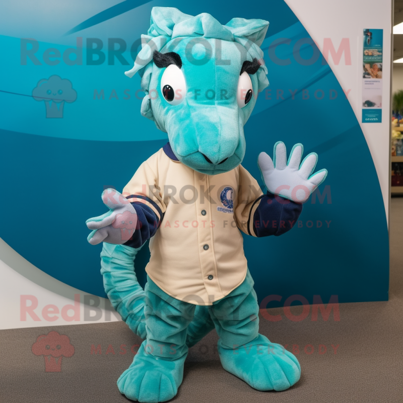 Teal Seahorse mascot costume character dressed with a Oxford Shirt and Gloves