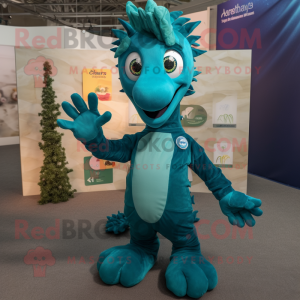 Teal Seahorse mascot costume character dressed with a Oxford Shirt and Gloves