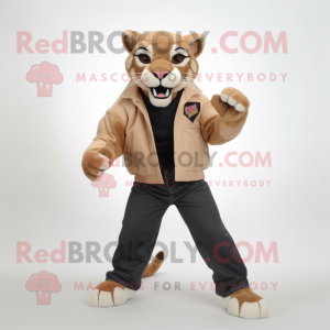 Tan Mountain Lion mascot costume character dressed with a Leather Jacket and Shoe clips