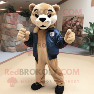 Tan Mountain Lion mascot costume character dressed with a Leather Jacket and Shoe clips