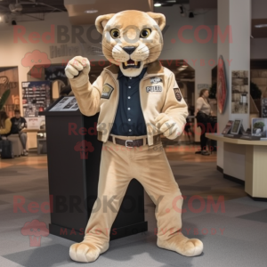 Tan Mountain Lion mascot costume character dressed with a Leather Jacket and Shoe clips