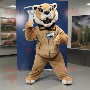 Tan Mountain Lion mascot costume character dressed with a Leather Jacket and Shoe clips