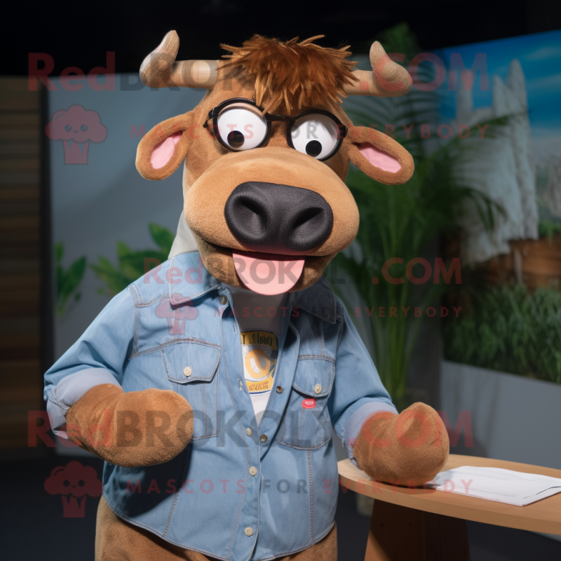 Brown Guernsey Cow mascot costume character dressed with a Chambray Shirt and Reading glasses