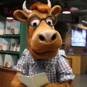 Brown Guernsey Cow mascot costume character dressed with a Chambray Shirt and Reading glasses