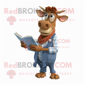 Brown Guernsey Cow mascot costume character dressed with a Chambray Shirt and Reading glasses