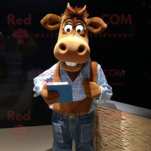 Brown Guernsey Cow mascot costume character dressed with a Chambray Shirt and Reading glasses