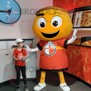nan Pizza Slice mascot costume character dressed with a Graphic Tee and Smartwatches
