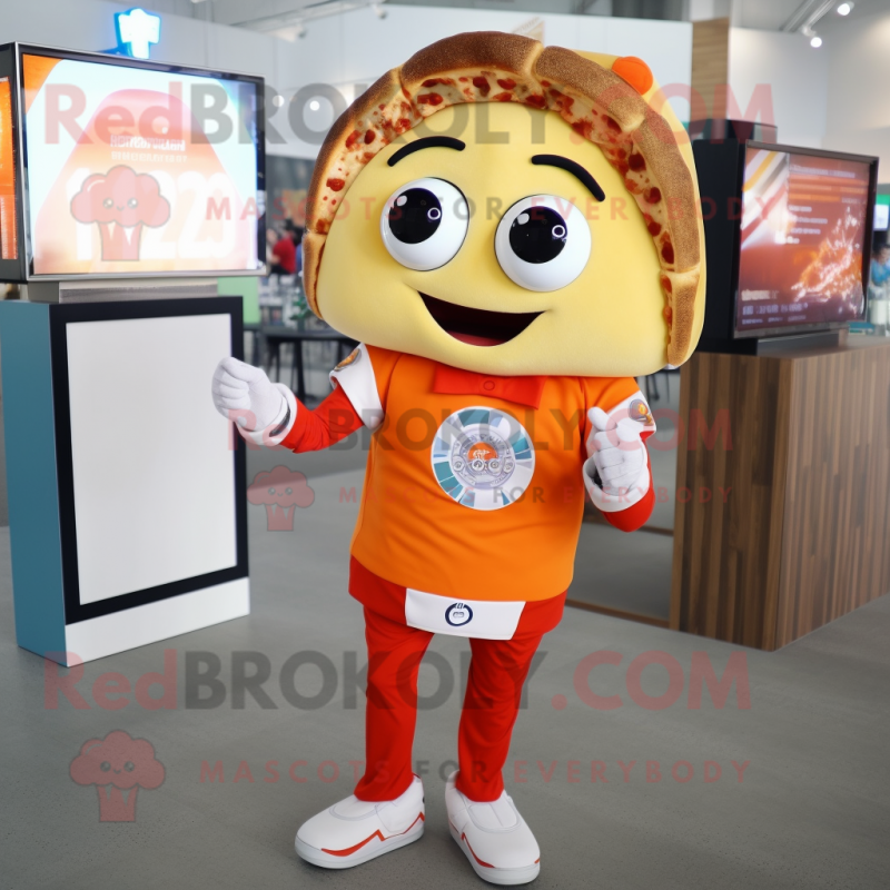 nan Pizza Slice mascot costume character dressed with a Graphic Tee and Smartwatches nan Pizza Slice mascot costume character dressed with a Graphic Tee and Smartwatches