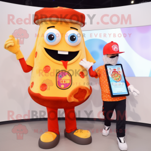 nan Pizza Slice mascot costume character dressed with a Graphic Tee and Smartwatches