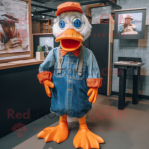 Orange Muscovy Duck mascot costume character dressed with a Chambray Shirt and Cummerbunds