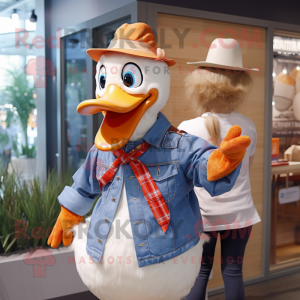 Orange Muscovy Duck mascot costume character dressed with a Chambray Shirt and Cummerbunds