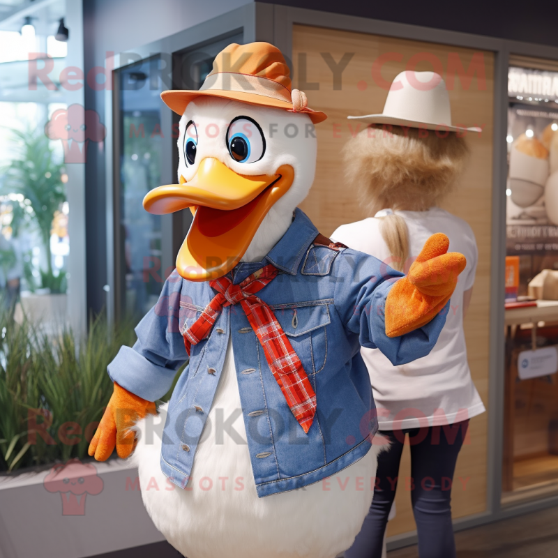 Orange Muscovy Duck mascot costume character dressed with a Chambray Shirt and Cummerbunds