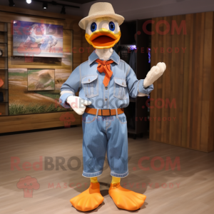 Orange Muscovy Duck mascot costume character dressed with a Chambray Shirt and Cummerbunds