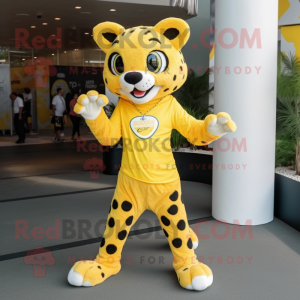 Lemon Yellow Cheetah mascot costume character dressed with a T-Shirt and Anklets