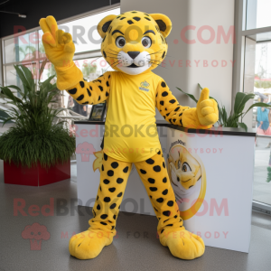 Lemon Yellow Cheetah mascot costume character dressed with a T-Shirt and Anklets