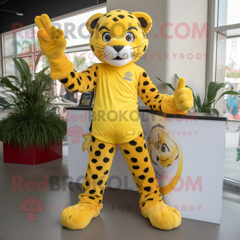 Lemon Yellow Cheetah mascot costume character dressed with a T-Shirt and Anklets Lemon Yellow Cheetah mascot costume character dressed with a T-Shirt and Anklets