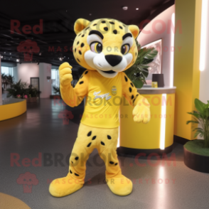 Lemon Yellow Cheetah mascot costume character dressed with a T-Shirt and Anklets