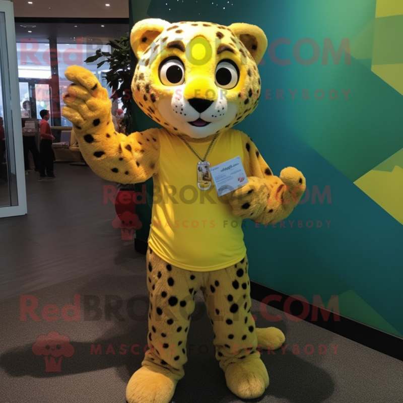 Lemon Yellow Cheetah mascot costume character dressed with a T-Shirt and Anklets
